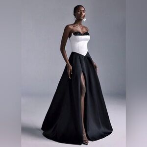 Elegant Black & White Strapless Corset Evening Gown Sequin Small